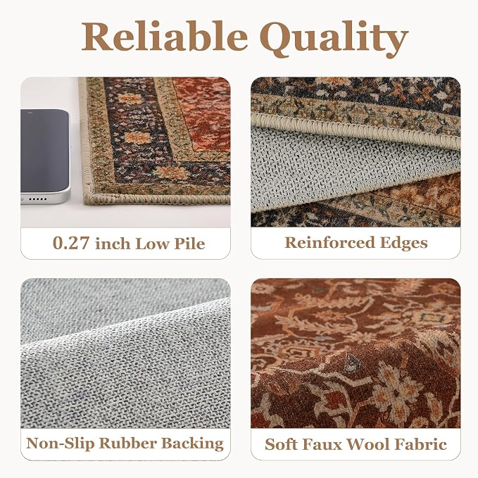 Living Room Rug 8x10 Deep Burnt Orange, Washable Non Slip Low Pile Thin Carpet for Dining Room, Vintage Print Area Rugs for Bedroom Home Office Old Money Aesthetic