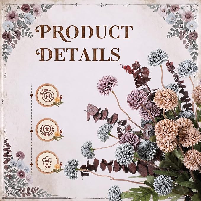 Hoteam 36 Pcs Artificial Chrysanthemum Flowers Bouquet with Dried Eucalyptus Leaves 15 Stems Fake Mums 21 Stems Preserved Eucalyptus for Vase Home Decor Wedding Centerpieces(Blue Violet)