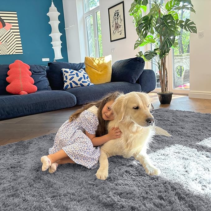 OLANLY 3x4 Machine Washable Accent Rug, Soft Fluffy Shaggy Area Rug for Bedroom, Living Room, Indoor Floor Carpet for Kids, Nursery, Home Decor, Light Grey