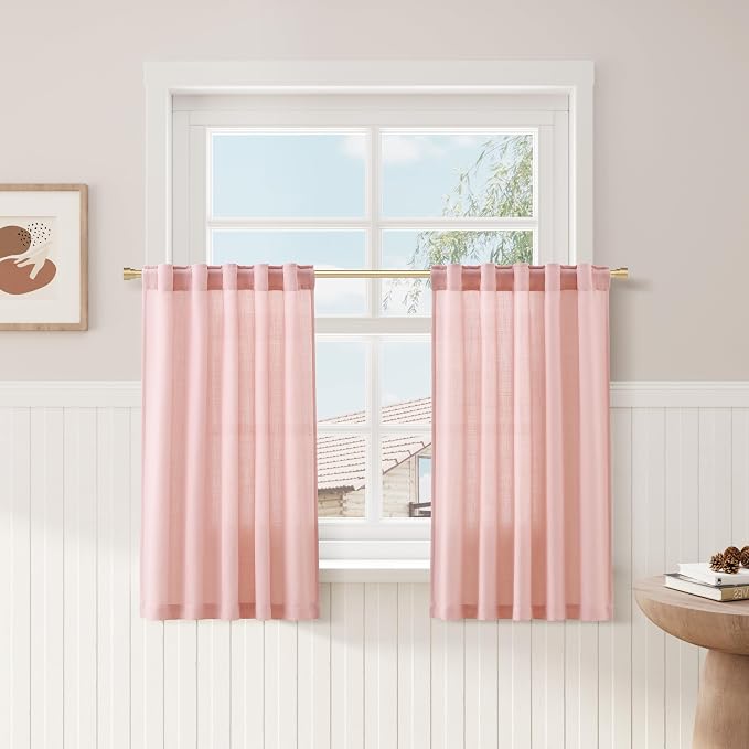 Nanspring Pink Linen Kitchen Curtains 30 Inch Length 2 Pack Semi Sheer Linen Blend Minimalist Light Filtering Short Drapes Back Tab Rod Pocket for Small Windows Cafe Girl Bathroom Laundry 36Wx30L