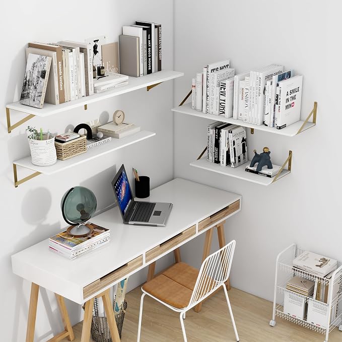 Heimlove Deep Floating Shelves for Wall, 48W x 12D Wood Wall Shelves Set of 2, Wide Floating Bookshelf for Living Room, Kitchen, Office, Bedroom and Decor Storage, with Golden Bracket - White & Gold