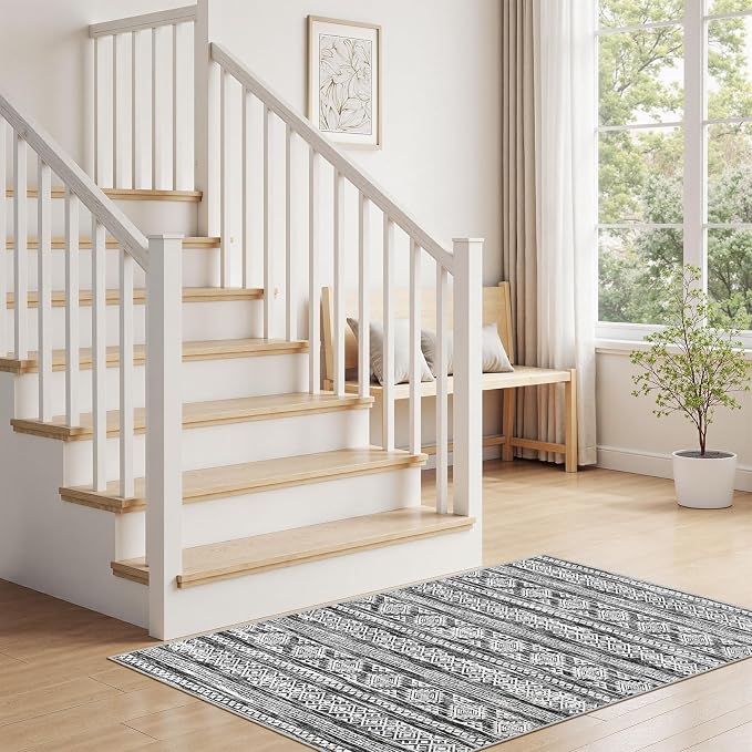 Tortania Area Rug Living Room Rugs - 2x3 Washable Soft Neutral Boho Moroccan Farmhouse Mat Indoor Floor Carpet for Bedroom Hallway Entryway Kitchen Home Office Decor - Black White