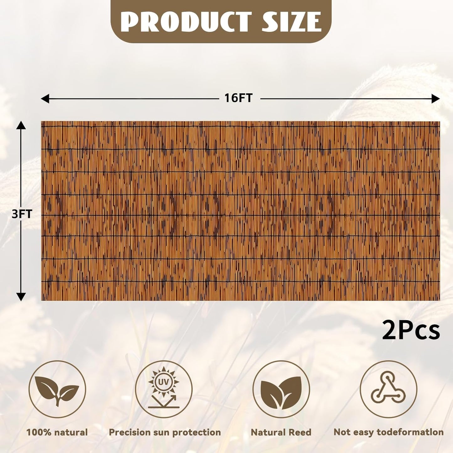 Bamboo Reed Fencing, Light Russet Bamboo Fence Rolls 3 Feet High, Decorative Reed Curtains Privacy Screen Outdoor for Patio Garden Balcony Backyard, 3 x 16 FT (2 Pcs)