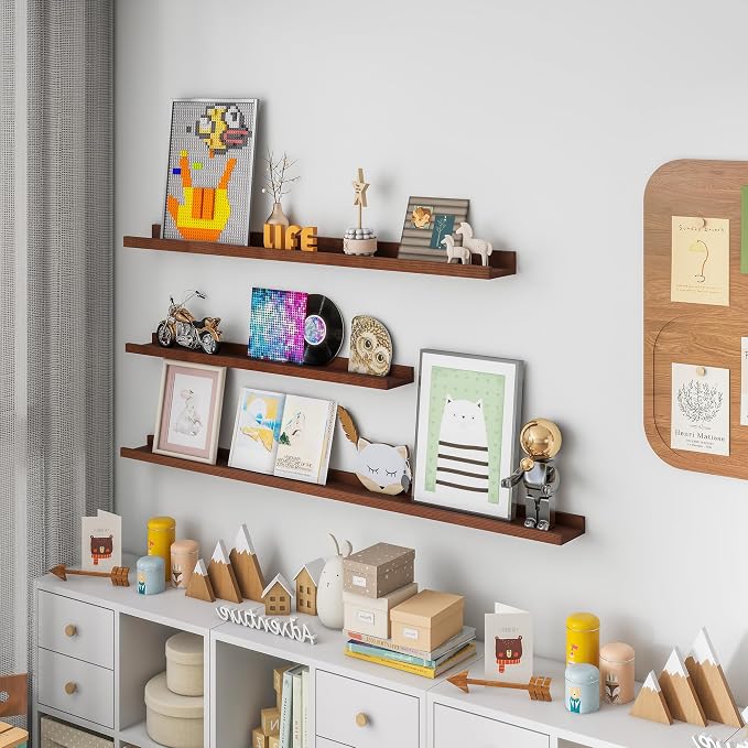 FLYJOE Picture Ledge Shelf for Wall, 24 inch Solid Ash Wood Nursery Book Shelves 2 Packs, Floating Shelves for Kids' Room Bedroom Bathroom Living Room Photo Frames Office Nursey Wall Decor, Walnut