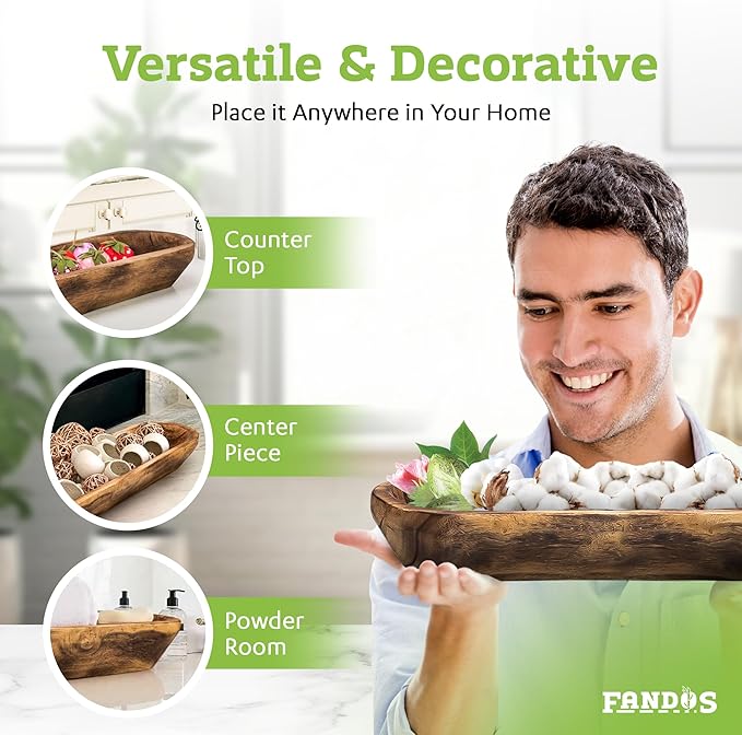 FANDOS Wooden Dough Bowl for Decor - 17¾ in Long Hand Carved Paulownia, Large Rustic Decorative Bowl for Home Table Centerpiece, Keys, Entryway Table, Catchall Tray & Wooden Dining Room Centerpiece