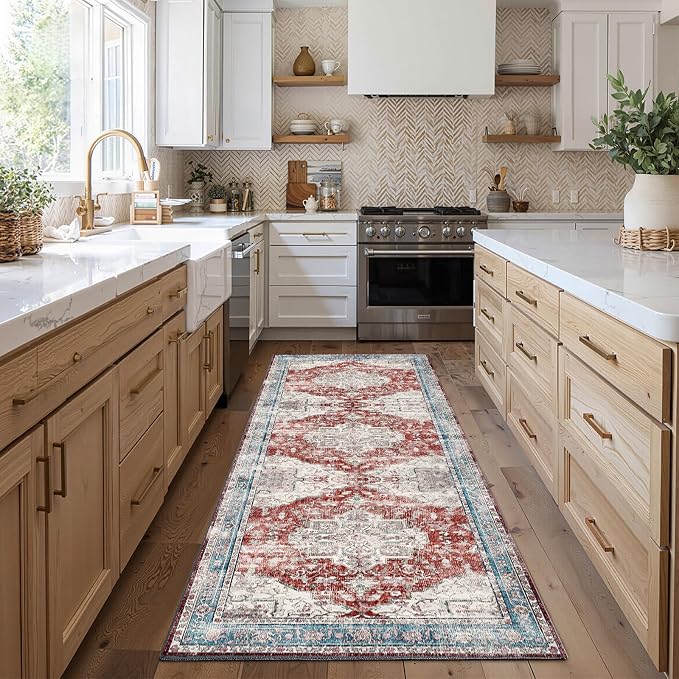 CHAMPLANT 3x10 Hallway Washable Runner Rug Vintage Soft Kitchen Laundry Runner with Non Slip Farmhouse Entryway Living Room Floor Mat Stain Resistant Carpet for Bedroom Bathroom Distressed Beside Rug
