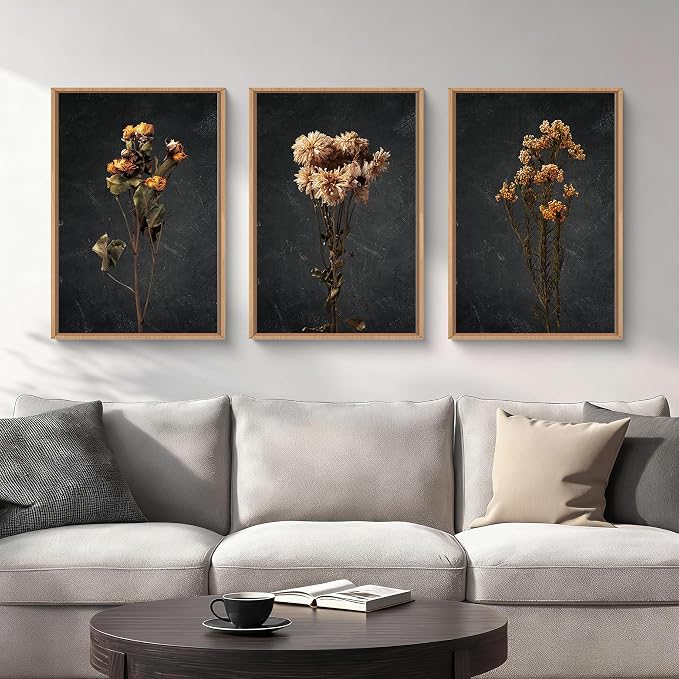 HOURIA Dark Moody Dried Floral Framed Canvas Wall Art Set,Vintage Mid Century Black Flower Wall Decor,Retro Boho Minimalist Wildflower Botanical Artwork for Living Room,Bedroom,Farmhouse- 16"x24"x3