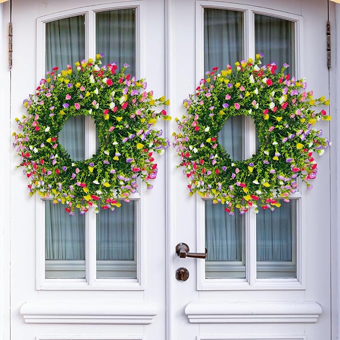 Spring Wreaths for Front Door, 24 Inch Large Farmhouse Colorful Cottage Wreath, Extra-Full 378 Silk Artificial Carnation Floral Wreath, Blossom & Greenery Hanging for Porch, Home Summer Decorations