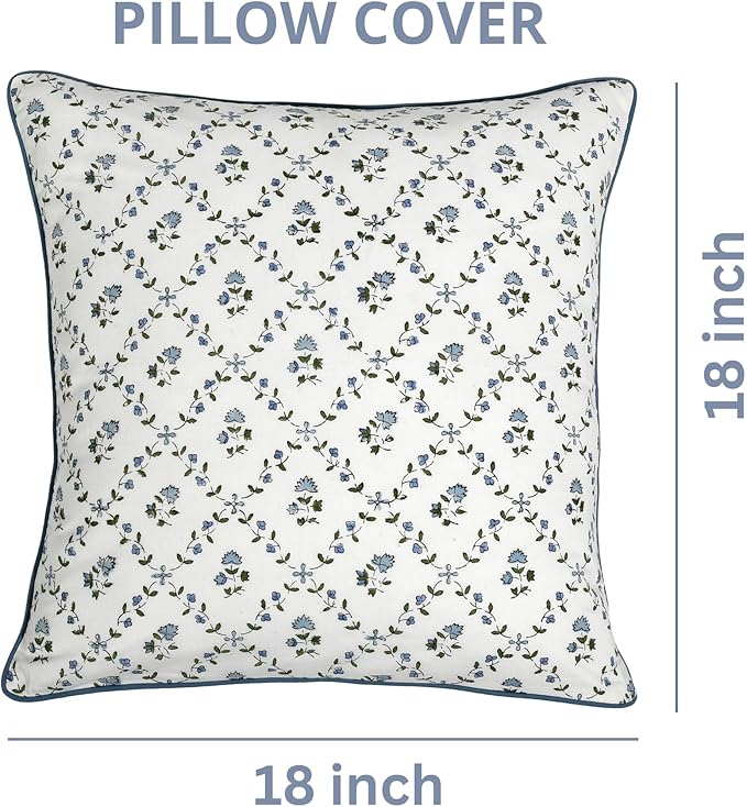 Ridhi Block Print Powder Blue Pillow Cover 18" x 18" (Pack of 2) Decorative Couch Pillows for Living Room, Chic Boho Cute Outdoor Pillows Covers Gifts for Spring, Easter and Valentine