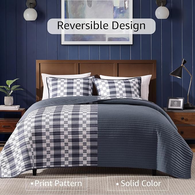 WRENSONGE Plaid Queen Quilt-3 Pieces Lightweight Bedspread Blue Grey Quilt Queen Size Quilt Bedding Set for All Seasons, Soft Summer Reversible Neutral Coverlet with 2 Pillow Shams