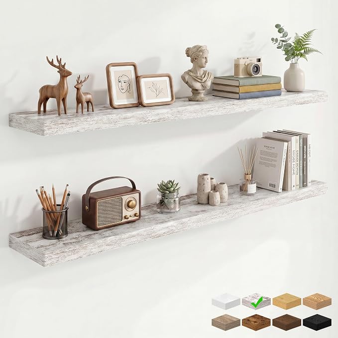 Marsmiles 55in Floating Shelves for Wall, 55" W x 9.25" D x 1.5" H, Long Wall Mounted Engineered Wood Shelves with Invisible Brackets for Living Room, Bedroom, Bathroom, Kitchen, Vintage White, 2Pcs