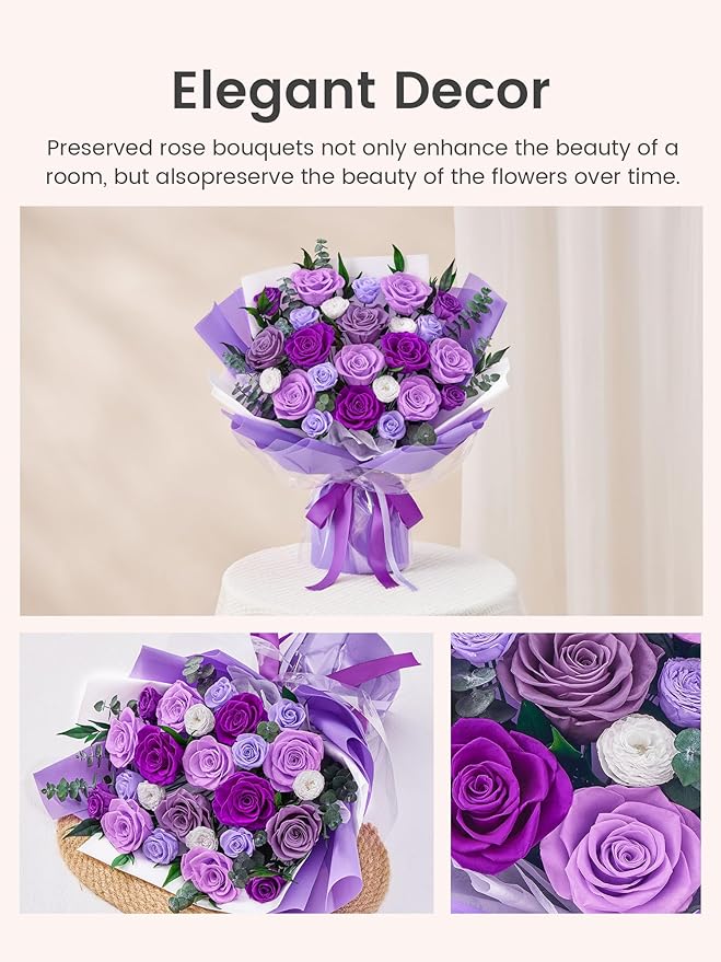 Polylove Flowers for Delivery Prime Forever Flowers Bouquet Preserved Roses Bouquet Flower Gift for Women Wife Mother Day Graduation Birthday (Purple, Big)