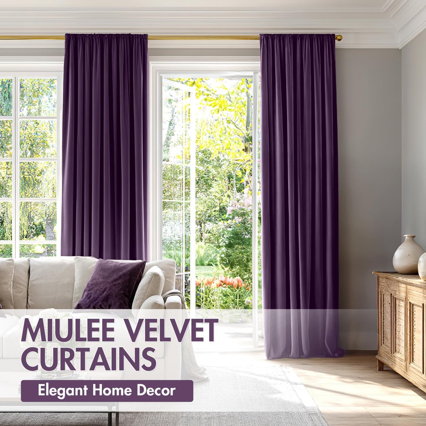 MIULEE Purple Velvet Curtains Thermal Insulated Blackout Curtain Drapes for Bedroom Living Room Darkening 96 Inches Long Curtains Panels Rod Pocket Set of 2