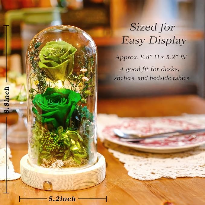 Preserved Flowers Gifts for Women, Unique Green Preserved Roses in Glass Dome, Forever Flowers for Mom, Birthday Gifts for Women