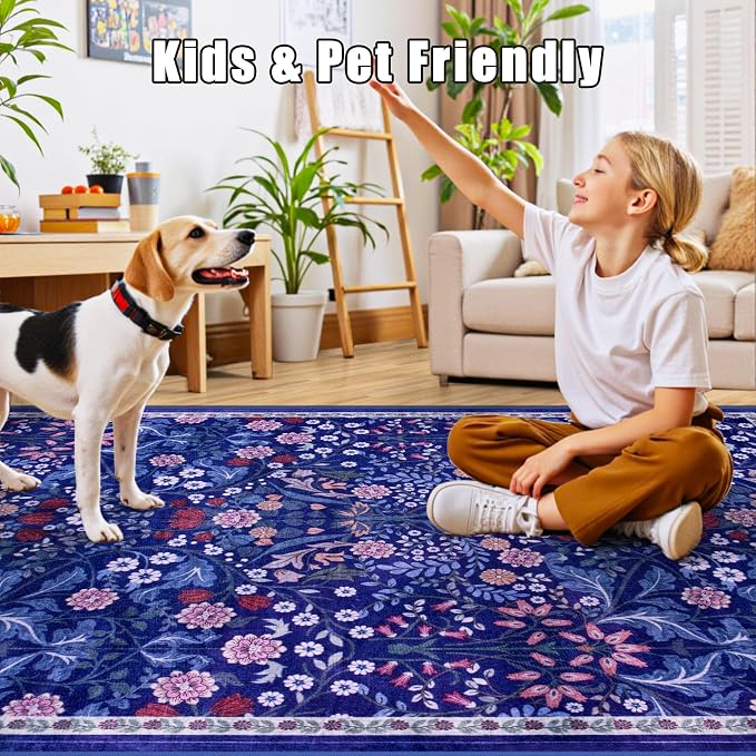 10x12 Area Rugs for Living Room: Floral Washable Rug Vintage Large Soft Boho Non-Slip Carpet Indoor Floor Stain Resistant Low Pile Carpets for Bedroom Dining Room Farmhouse Nursery Hallway Home Office