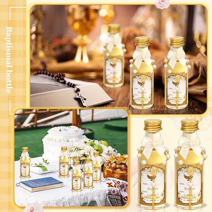 FillTouch 24 Sets Catholic Holy Water Bottle Baptism Rosary Set Baptism Favors 1.7oz Christian Water Container Empty Glass Holy Water Bottle for Easter Party Church Wedding Table Newborn (Gold)