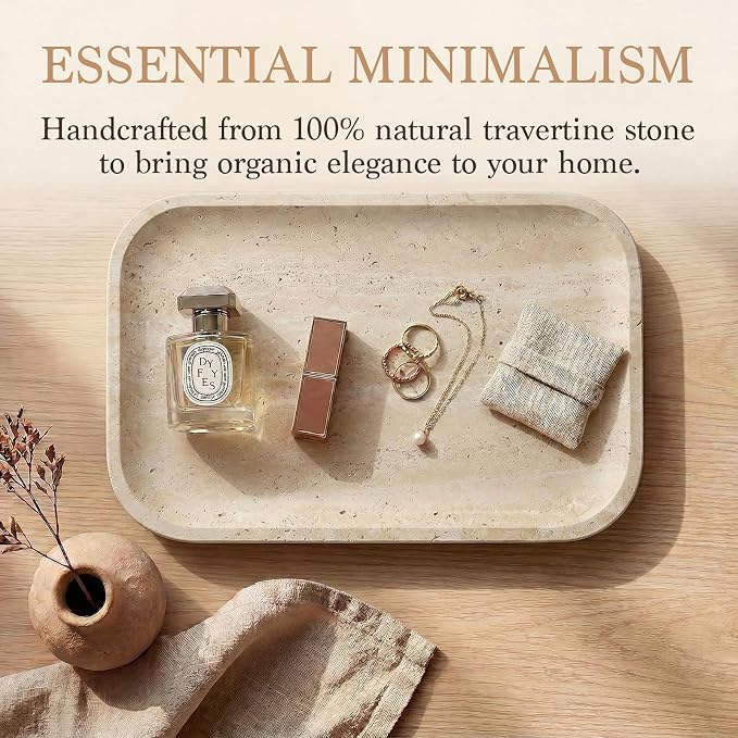 Natural Italian Travertine Tray Rectangular Decorative Marble Vanity Tray for Bathroom Countertop Hand-Polished Organizer for Kitchen Soap Jewelry Coffee Table Beige (11.8X7.8 Inch)