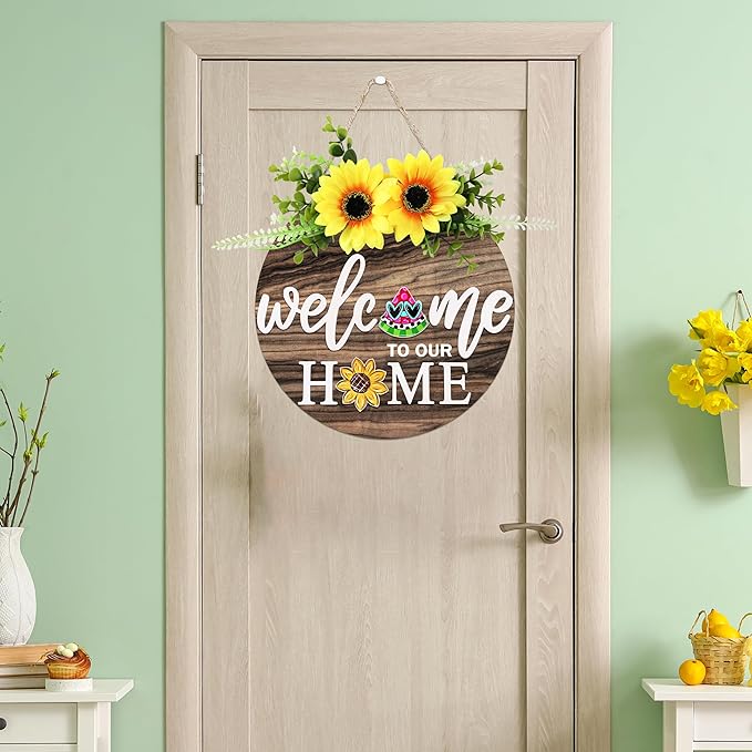 Interchangeable Welcome Sign for Front Door with 4 Seasonal Wreaths 21 Changeable Icons, Farmhouse Rustic Outdoor Welcome Signs Porch, Spring Winter Fall Decorations for Home House Warming Gifts