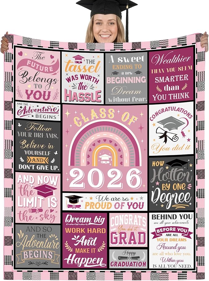 Graduation Gifts Blanket for Her, Soft Cozy Pink Class of 2026 Throw Blanket, Inspirational Quotes Graduation Blanket, 50"x60"
