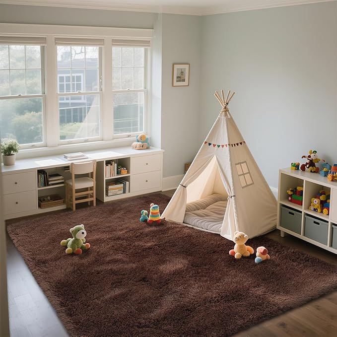 Shag Area Rugs for Bedroom Living Room,Brown 4X6 Ultra Soft Fluffy Area Rugs for Dorm, Indoor Carpet Nursery Rugs for Kids Girls Room Home Decor,Brown