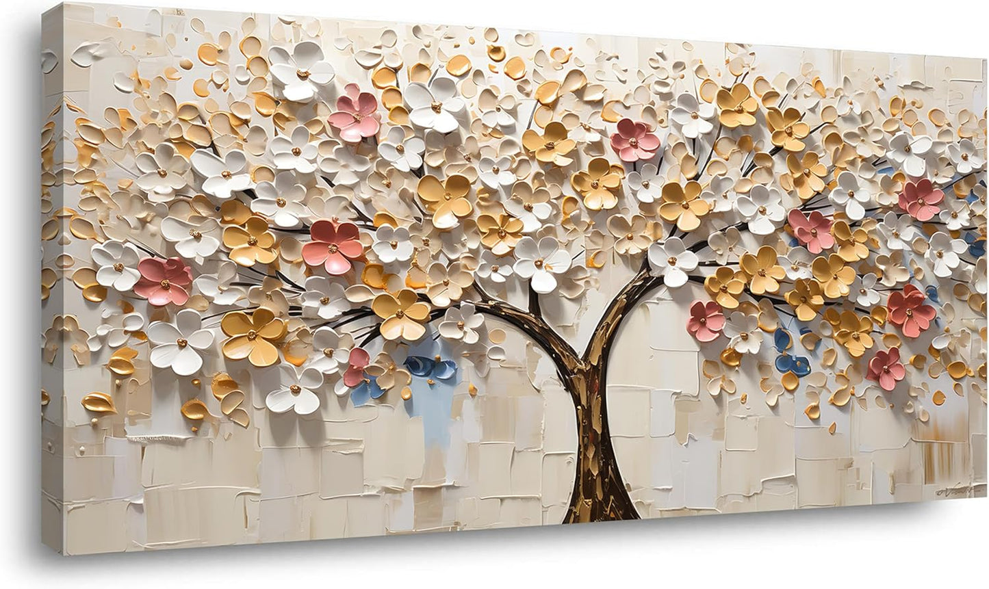 LASMOND White Spring Tree of Life Wall Art Office Decor Living Room Modern Painting Prints Pictures Abstract Floral Flower Nature Canvas Large Landscape Artwork (20x40 Inches)