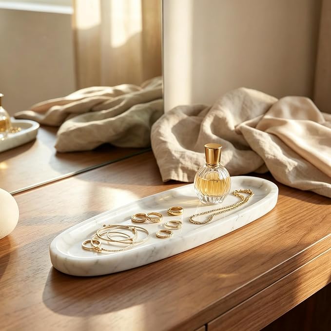 Natural Marble Vanity Tray, 16.6"x4.6" White Real Stone Decorative Tray for Bathroom Countertop & Home Decor, Catchall Organizer for Jewelry, Candles, Cosmetics & Perfume（White）