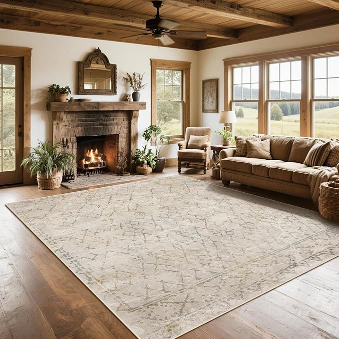 Srugn Washable Rugs 8x10 Area Rugs for Living Room,Bedroom,Dining Room- Large Ultra Soft Faux Wool Retro Carpet,Non Slip&Non-Shedding Low Pile Morocco Rug for Home Office Dorm Decor(Camel-Blue-Orange)