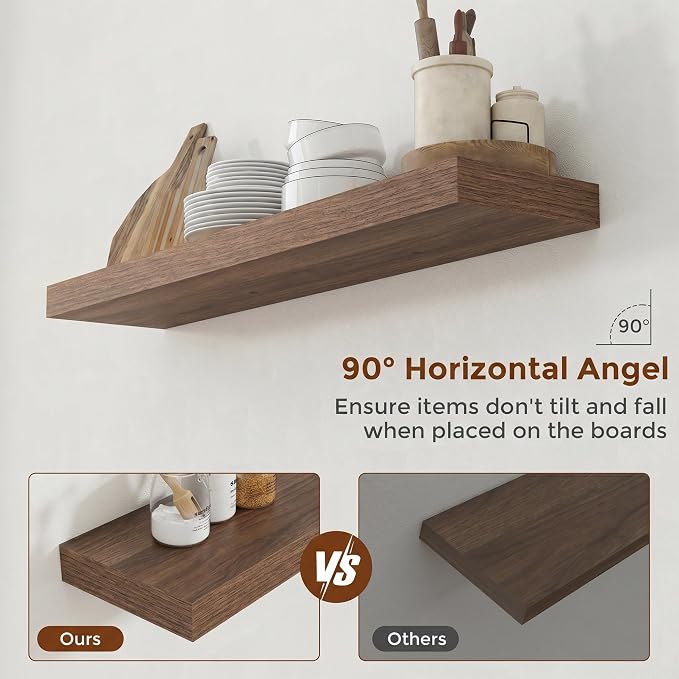Heimlove 40 Inch Floating Shelves for Wall 8 Inch Deep Walnut Shelves Set of 2,Wall Mounted Rustic Wood Long Floating Shelf with Invisible Brackets for Bedroom Kitchen Living Room