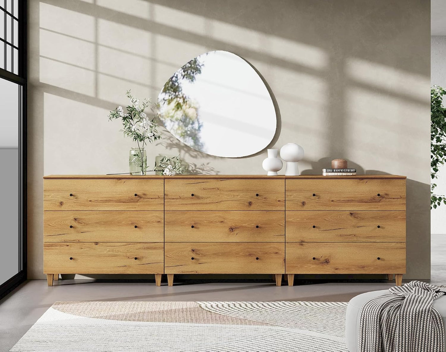 WAMPAT Dresser with 9 Drawers, Bedroom 3-in-1 Wide Wooden Chest of Drawers, Modern Long Dressers Closet Storage Organizer w/Solid Wood Legs for Living Room, Kids Room, Oak Brown,106 Inches