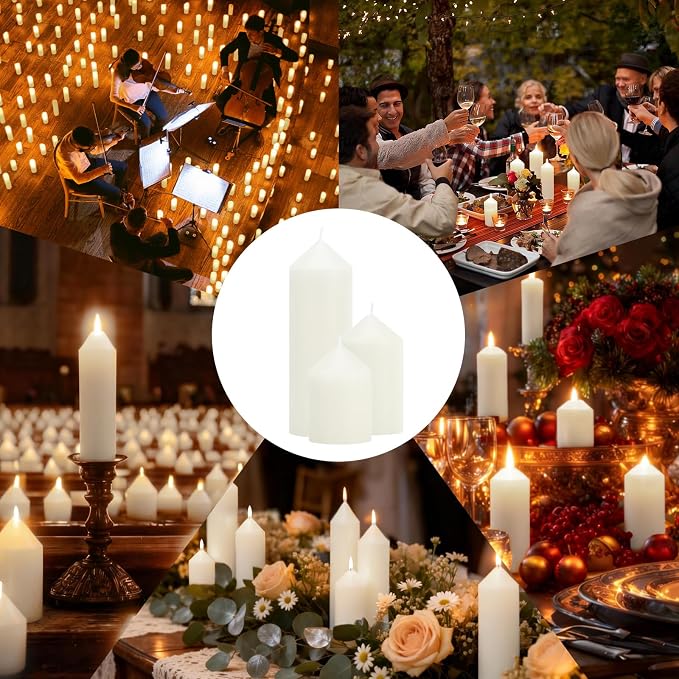 72 Pcs White Pillar Candles Bulk Set: 2-Inch Wide in 3 Heights (3, 4, 6 Inch). Dripless Unscented Smokeless Hurricane Candles for Wedding, Party, Event Decor to Create Warm Elegant Atmosphere.
