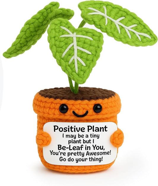 Crochet Positive Plant Inspirational Gifts for Women Coworker Plant Lovers Friends Home Office Gifts Desk Decor Handmade Knit Potted Bookshelf Decorations