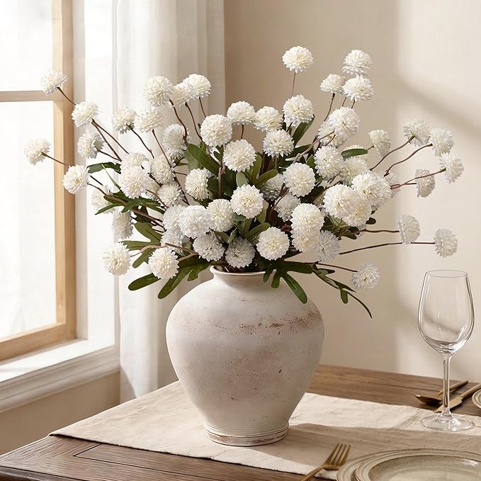 Waipfaru 10pcs Fake Silk Pompon Mum Artificial Flowers, Bulk Faux Mini Chrysanthemums, for Centerpieces Wedding Fillers Champagne Arrangements Shower Decorations, White