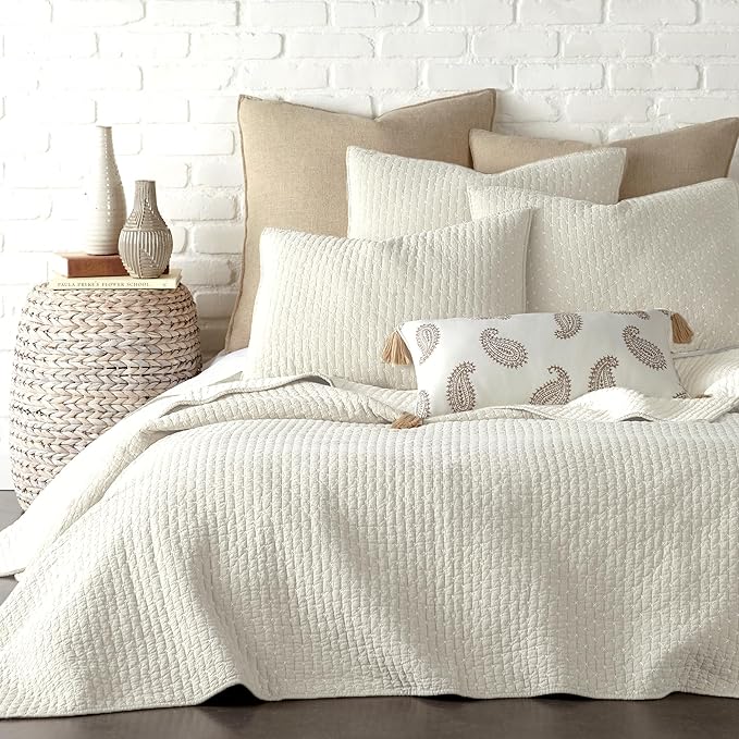Levtex Home Cross Stitch Reversible Twin XL/Twin Quilt Set (68x86in) with 1 Pillow Sham (26x20in) - Stitch Texture - Cream - 100% Cotton Twin Size Quilt Bedding Set - Lightweight, Soft, Pre-Washed