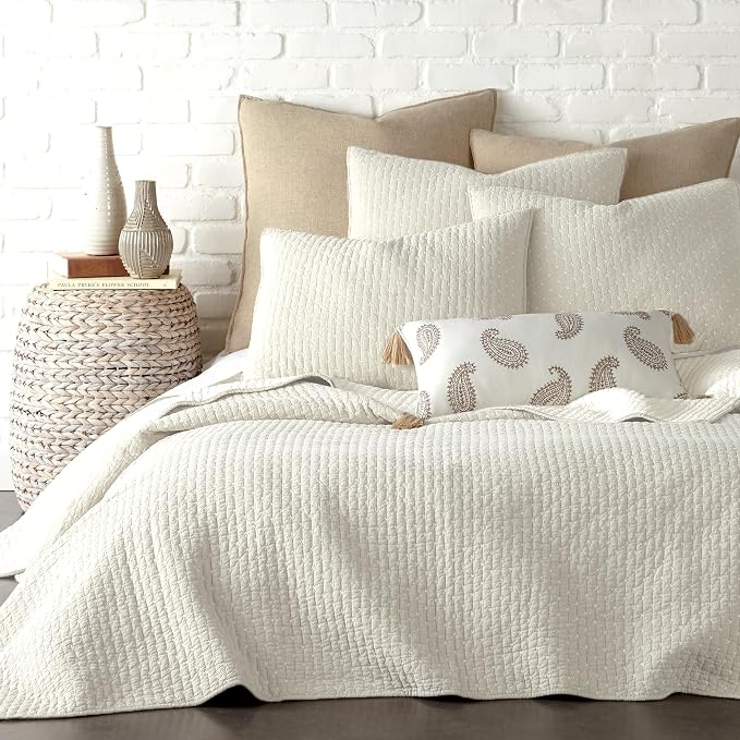 Levtex Home Cross Stitch Reversible Full/Queen Quilt Set (88x92in) with 2 Pillow Shams (26x20in) - Stitch Texture - Cream - Cotton Full/Queen Size Quilt Bedding Set - Lightweight, Soft, Pre-Washed