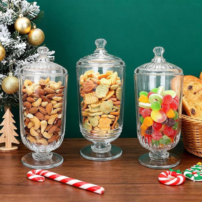 24fl oz Glass Candy Jars with Lids,3 Pack Apothecary Jars,Storage Jar for Candy, Cookies, Snacks, Kitchen Pantry, Clear Glass Jar for Countertop Display & Party Favors，700ml