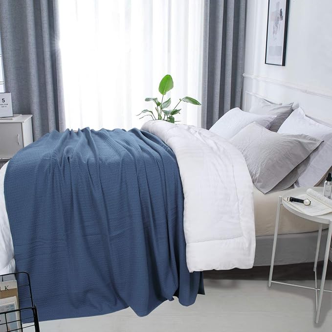 DOLLCENT 100% Cotton King Size Blanket for Bed, Premium Soft Combed Lightweight Blankets, Washed Breathable Cozy Bed Throw Blanket, Navy King Cotton Blankets for All Season: Navy (108"x90")