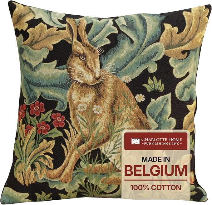 Charlotte Home Furnishings Inc Brown Hare Throw Pillow Covers 18x18, European 100% Cotton Jacquard Woven Fabric, Boho & Vintage Inspired Decorative Cushion for Living Room and Sofa
