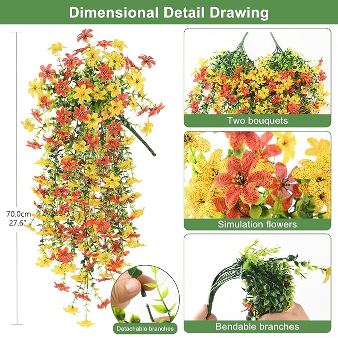 Artificial Fake Hanging Flowers Plants for Outdoor Spring Summer Decoration,2 PCS Faux Silk Daisy with Eucalyptus Leaves,UV Resistant Look Real for Outside Home Planter Porch Patio Balcony Yard Decor