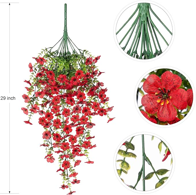 Ammyoo Artificial Hanging Flowers for Outdoors Fake Plants Decoration, 2 Pcs Faux Silk Daisy Flower Realistic Outdoor Flowers UV Resistant Porch Patio Window Yard Indoor Spring Decor(Red)