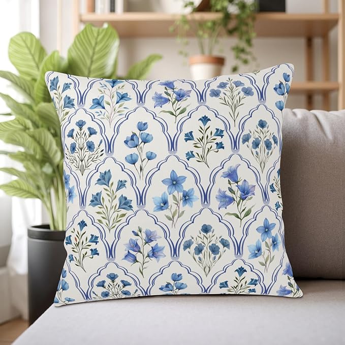 Vintage Flower Block Print Throw Pillow Covers Blue Green Floral Pillow Covers 16x16 Set of 2 Spring Summer Pillow Cases Boho Farmhouse Cushion Cases for Home Sofa Couch Decor