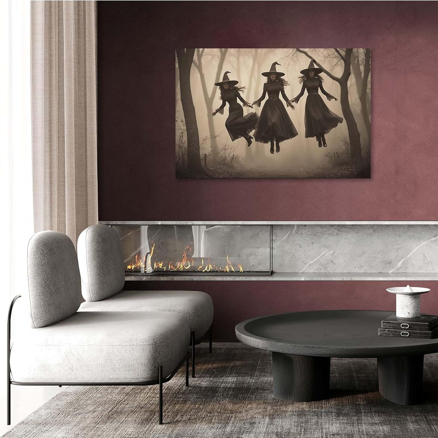 Three ghost witches flying in vintage forest gothic wall art witchcraft decoration holiday gift canvas wall art print8x12in Wood Framed