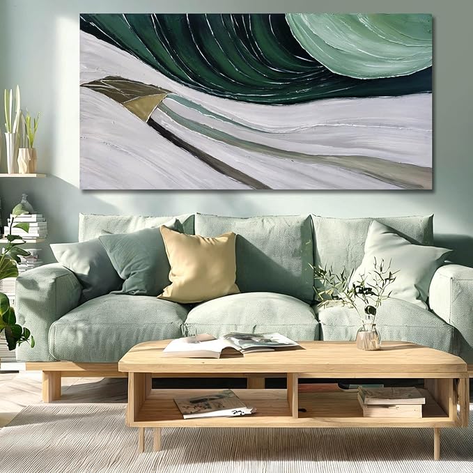 MLART99 Large Abstract Wave Painting Green and White Modern Canvas Wall Art Painted Line Texture for Bedroom Living Room Home Decor 29x58 Inch