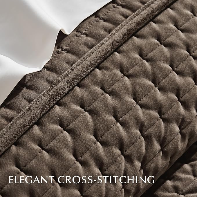 EverGrace Luxury Velvet Quilt Set Queen Size 3 Piece, Soft Cross-Stitch Velvet Comforter Set with Pillow Shams, Lightweight Coverlet Bedspread Bedding Set for All Seasons, Mushroom Brown
