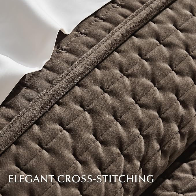 EverGrace Luxury Velvet Quilt Set King Size 3 Piece, Soft Cross-Stitch Velvet Comforter Set with Pillow Shams, Lightweight Coverlet Bedspread Bedding Set for All Seasons, Mushroom Brown