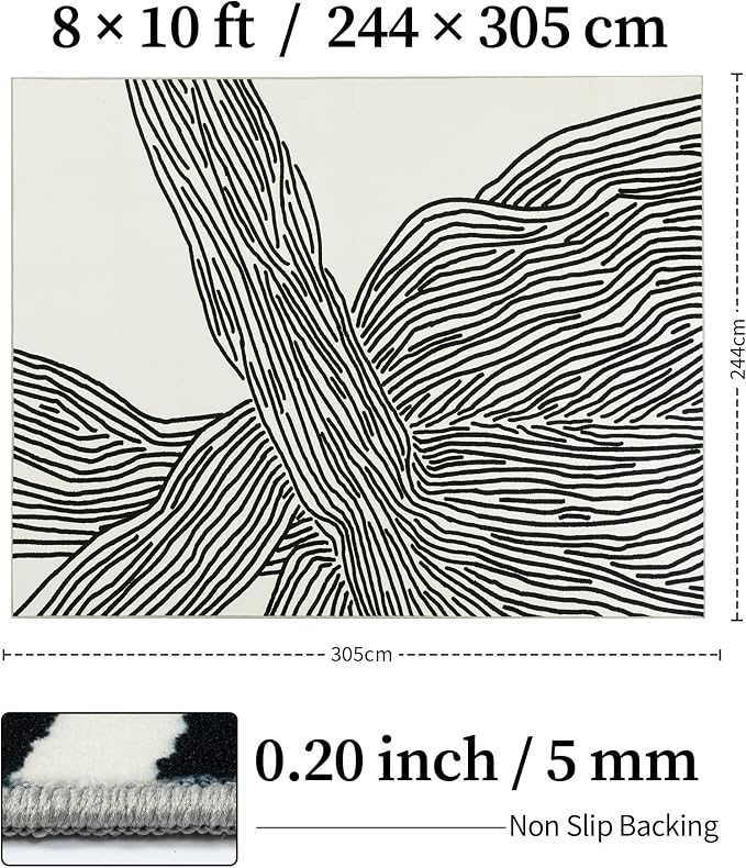 YIHOUSE 8×10 Ft Washable Rug, Black and White Abstract Area Rug for Bedroom Living Room Dining Room Office Playroom Nursery, Ultra Thin Nonslip Modern Large Rugs Soft Contemporary Striped Rugs | Black and Cream White Modern Striped Rug, Soft Low Pile w...