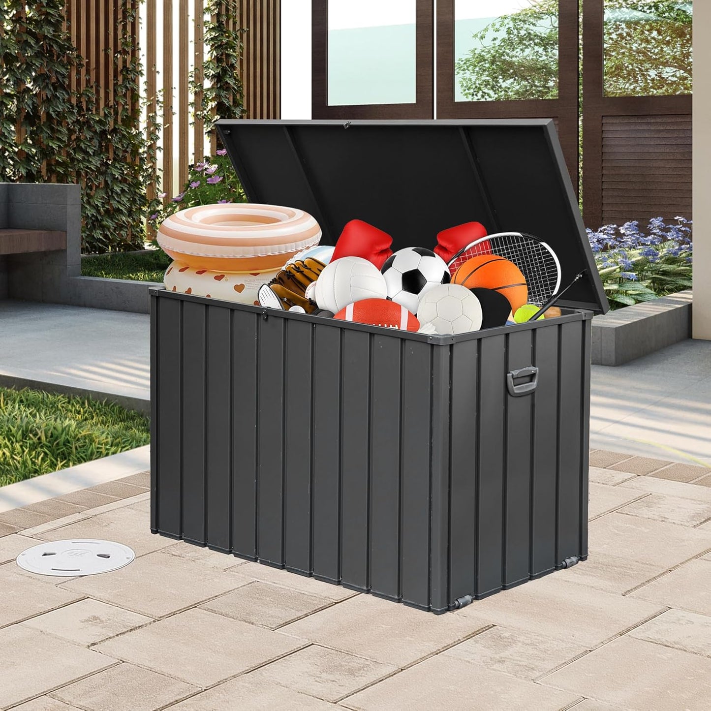 Domi 200 Gallon Deck Box, Outdoor Metal Lockable Storage Cabinet, Waterproof Steel Outdoor Bench with Lockable Lid, Side Handles & Rolling Casters for Outside Cushions, Pillows, Garden Tools, Grey