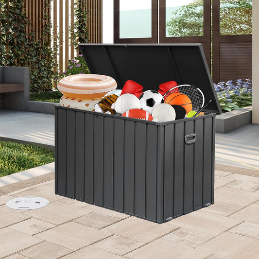 Domi 200 Gallon Deck Box, Outdoor Metal Lockable Storage Cabinet, Waterproof Steel Outdoor Bench with Lockable Lid, Side Handles & Rolling Casters for Outside Cushions, Pillows, Garden Tools, Grey