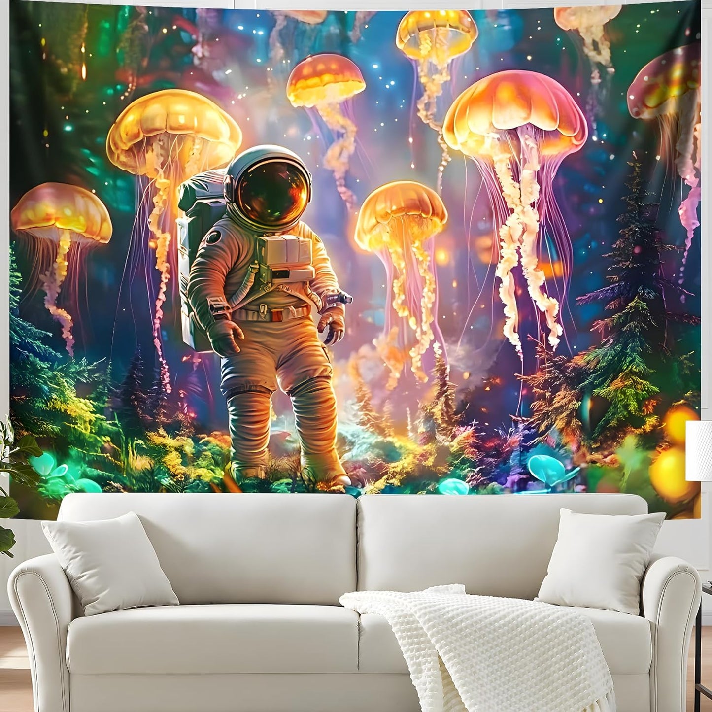 BVBOX Astronaut Blacklight Tapestry 79"x59", UV Reactive Astronaut Jellyfish Underwater World Glow in Dark Tapestries, Black Light Neon Upright Poster Wall Hanging Backdrop Decor for Bedroom Living Room
