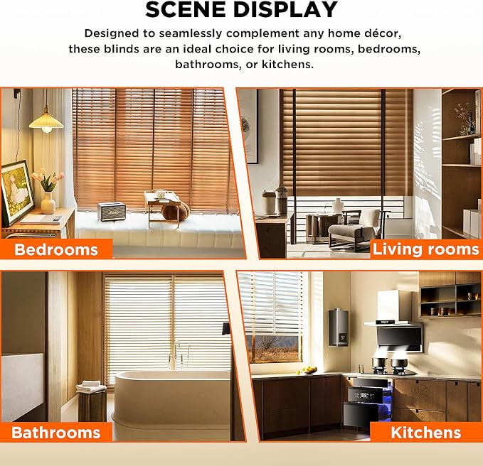 2" Slats Wood Blinds for Indoor Windows: Solid Wooden Blackout Blinds & Shades,Black Out Privacy Horizontal Blinds for Home Bedroom Bathroom Living Room Windows and Doors 33.5" WX64 H Beige