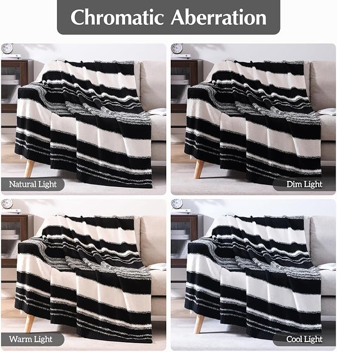 WRENSONGE Soft Throw Blanket for Couch-Cozy Reversible Knitted Blankets | Lightweight Warm Fluffy Decor for Women, Mom, Her & Girls, Sofa, Chair, Bed, 50x70in,Black White Stripe